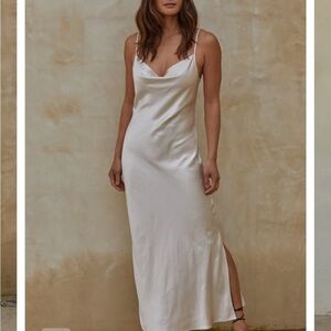 By Together White Sand Satin Cowl Neck Dress - thread and seed